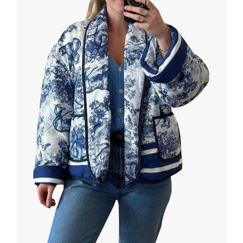 Blue White Toile de Jouy Quilted Puffer Jacket Open Front Kimono Pockets L